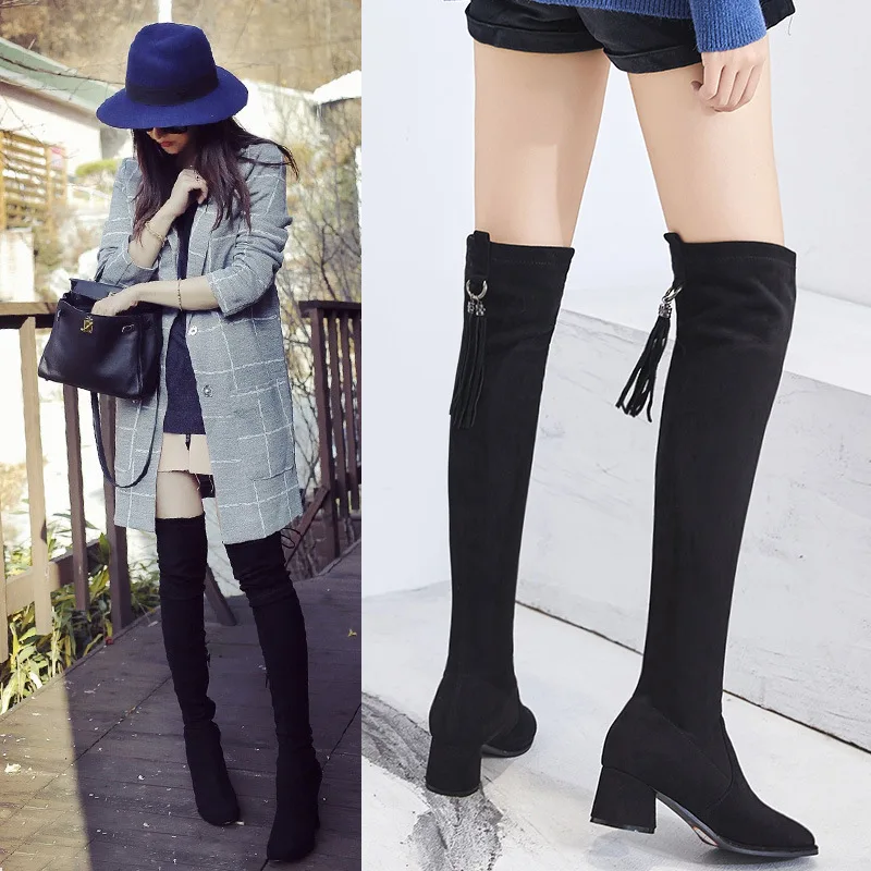 Boots women's high-heeled knee boots women's autumn and winter thick with 2018 new long boots plus velvet women's boots stovepip