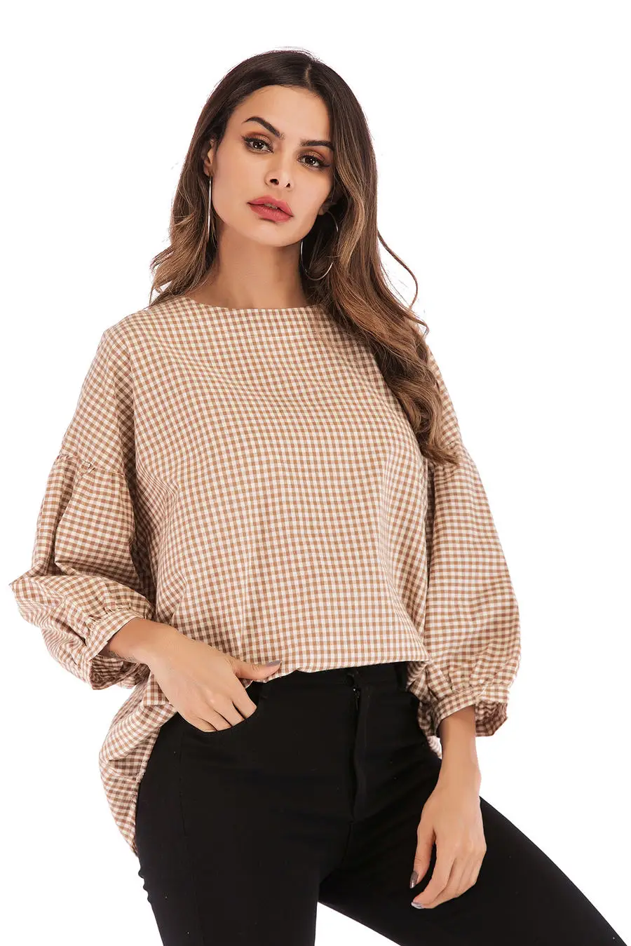 Gladiolus New 2019 Spring Plaid Shirt Women Puff Sleeve O Neck Button Loose Blouse Women Shirts Summer Casual Ladies Shirt Tops (23)