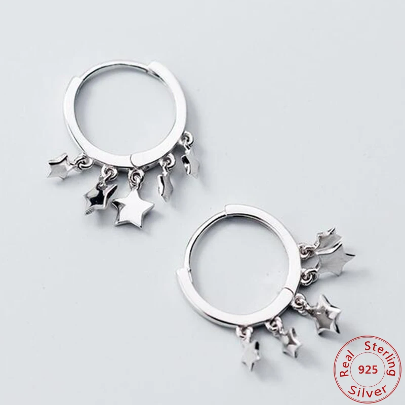 

Simple Pendant Hoop Earrings Round Pentagram Star Tassel Shiny Female Ear Circle Earings Accessories Real Pure 925 Silver