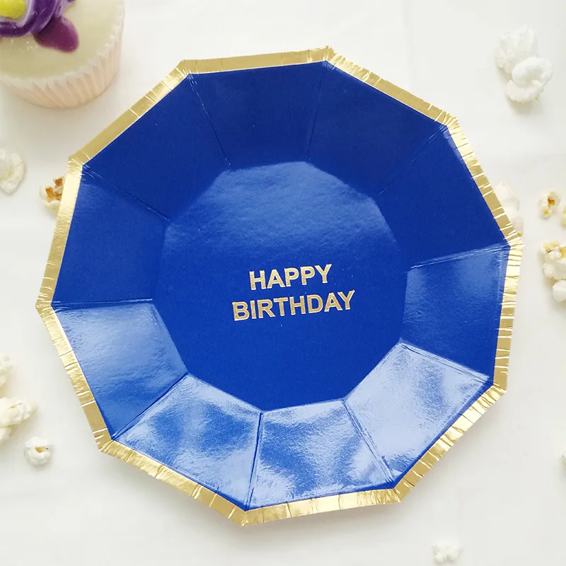 16 шт. большие 9 дюймов маленькие 7 дюймов бумажные тарелки темно-синего цвета с фольгой золото с днем рождения бумаги пластины день рождения партии еды лоток поставки