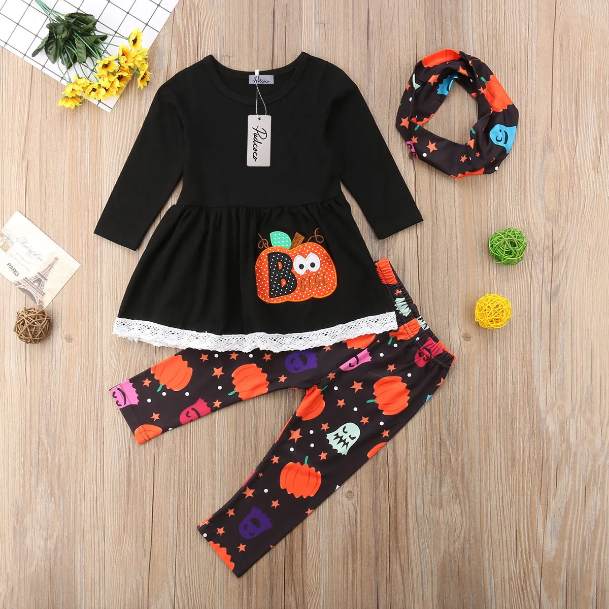 

Toddler Kid Baby Girls Long Sleeve Shirts Tops+Pants Headband Halloween Outfits Little Girl 3PCS Festival Set 2019