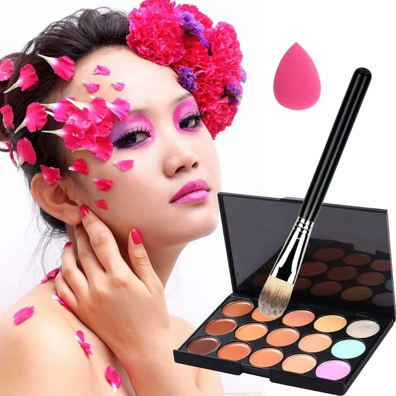 

Professional 15 Color Concealer Palette Makeup Brush Cute Pink Sponge Puff Set Make up Contour Pallete Face Concealer Kit