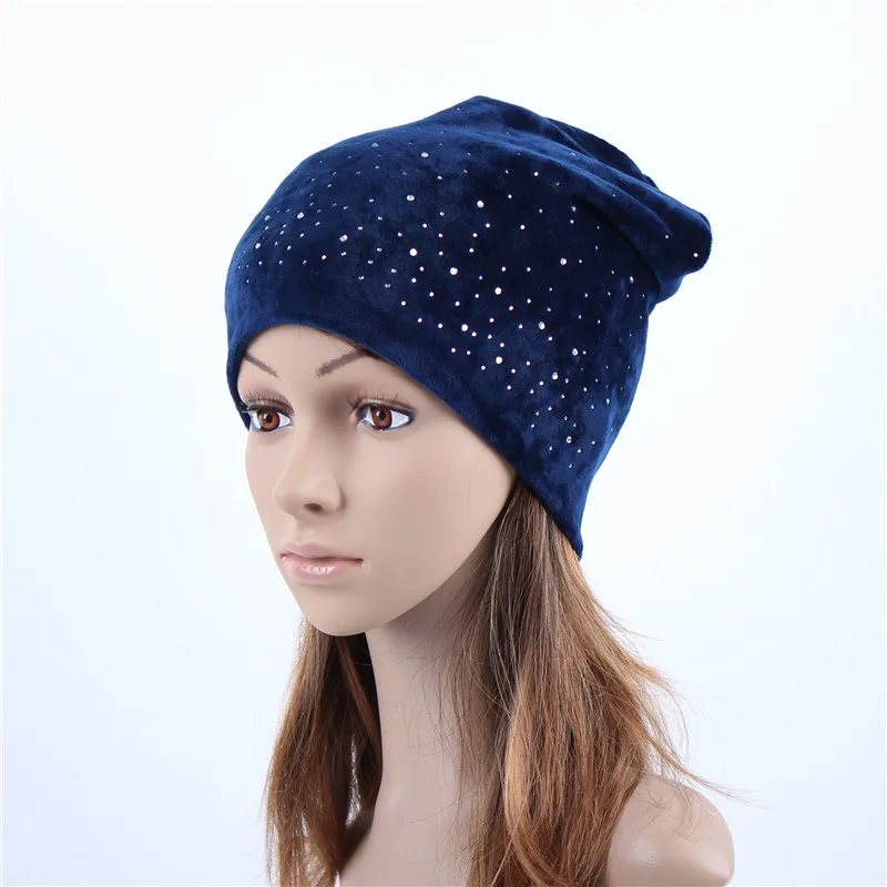 Geebro, Женская Велюровая шапочка, весенняя, полиэфирная, блестящие, бриллиантовые Стразы, громоздкие шапочки для женщин, Балаклава, шапка Skullies - Цвет: Blue