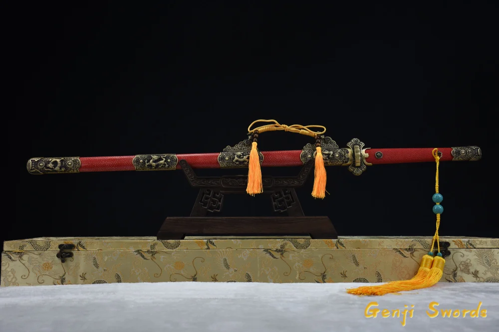 Full Handmade Chinese Tang Sword Damascus Folded Steel Real Sharp Edge Full Fish Leather Saya