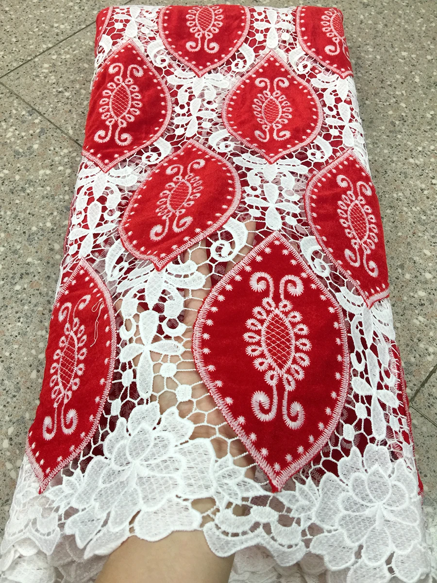 

2018 african velvet lace fabric red and RED laser cut fabric guipure water soluble lace high quality sexy dress 5yard/lote