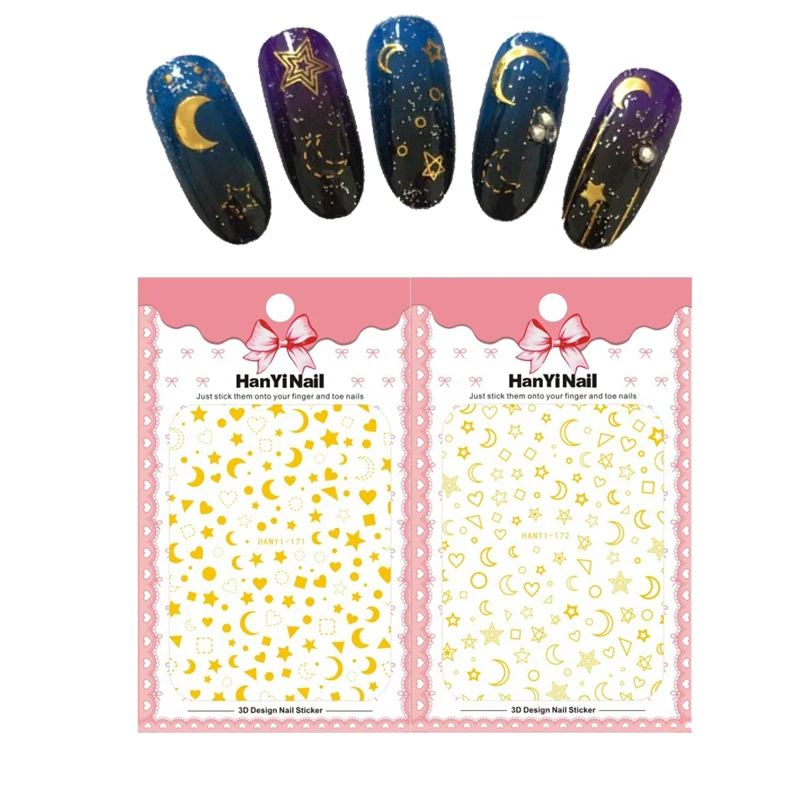 

1pc 3D Stickers On Mails Adhesive Water Transfer Decals Metallic Star Moon Combination Image Nail Foil Art Sticker Decoration