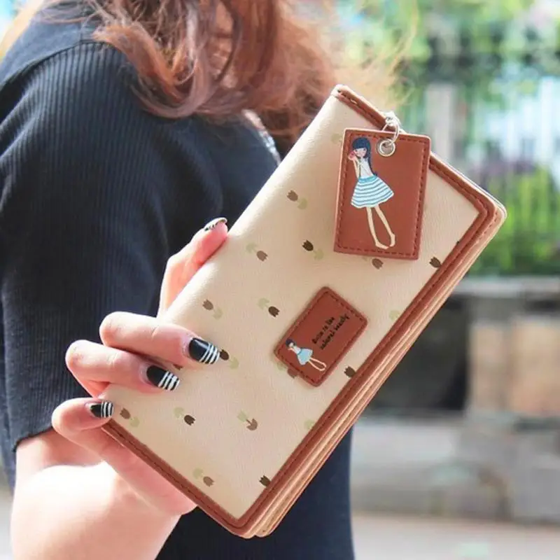 

PU Leather Long Wallet Women Kawaii Mori Style Floral Printed Zipper Wallet Purse Girls Phone Pouch Card Holder Clutch Bag
