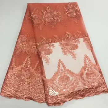 

African Lace Fabric, Peach 3D Applique flowers Rhinestones Lace For Wedding, Bridal Dress Tulle Lace Fabric for women men dress
