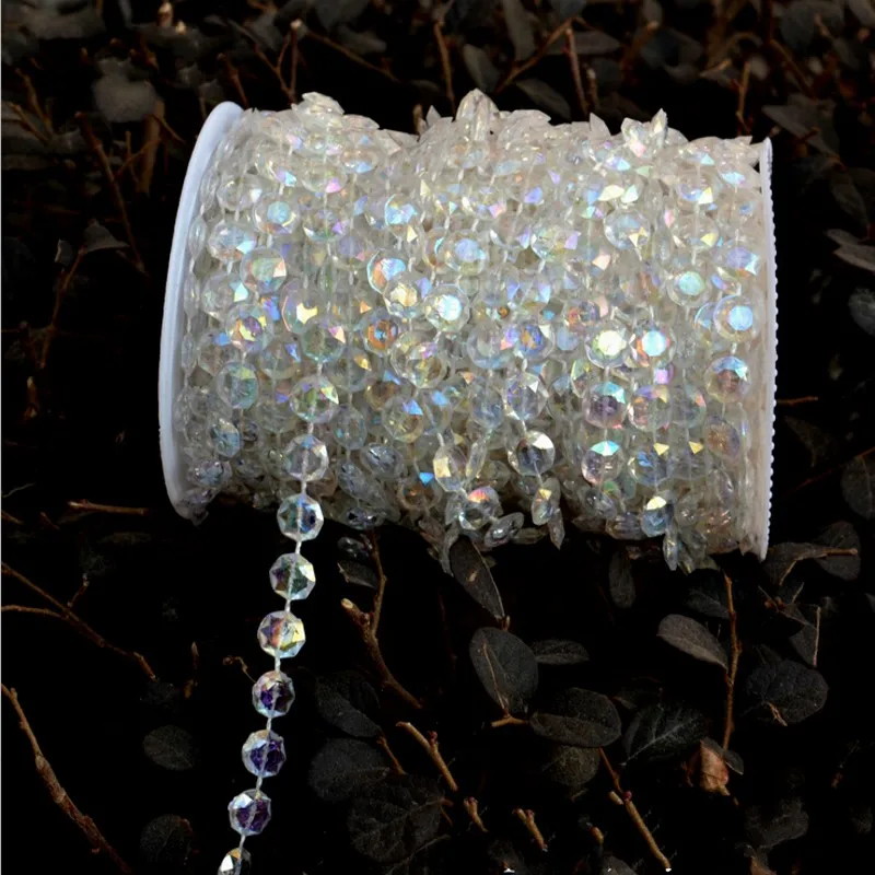 

30M/99FT/roll10mm acrylic disk beaded Iridescent crystal garland strands for wedding decoration chandelier Free Shipping