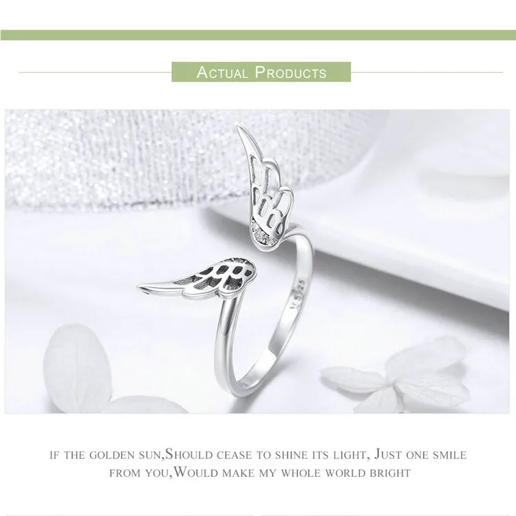 BISAER 925 Sterling Silver Open Size Angel Wings Feathers Adjustable Ring Finger Rings for Women Silver Wedding Jewelry ECR457