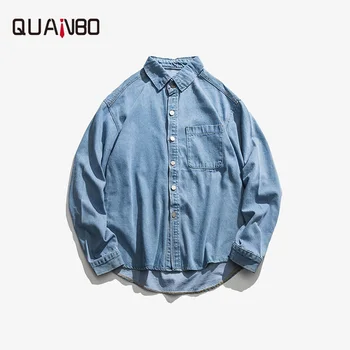 

QUANBO 2019 Casual Shirt Men New Spring Fashion Streetwear Long Sleeve Shirts Brand Mens Dress Shirts Letter Loose Denim Shirt