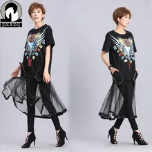 Харадзюку, хип-хоп, летняя новинка, футболка для женщин, Орел, буквенный принт, блестки, бисер, сетка, короткий рукав, длинная футболка, Camisas Mujer