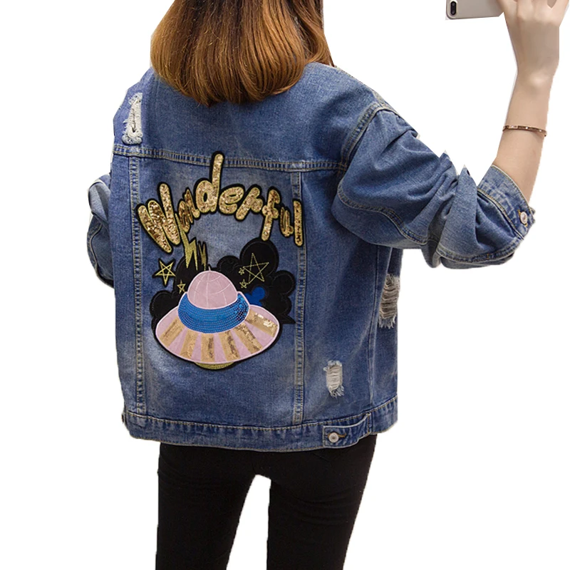 

Women Spring Autumn Jacket 2019 Long Sleeve Basic Embroidery Denim Jacket Plus Size Reflective Coat Casual Outwear Clothes 5XL