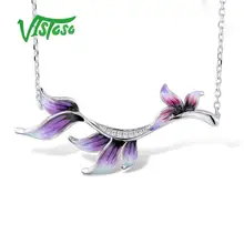 VISTOSO Silver Flower Necklace For Woman Necklace White Cubic Zirconia Stones Enamel Fine Jewelry