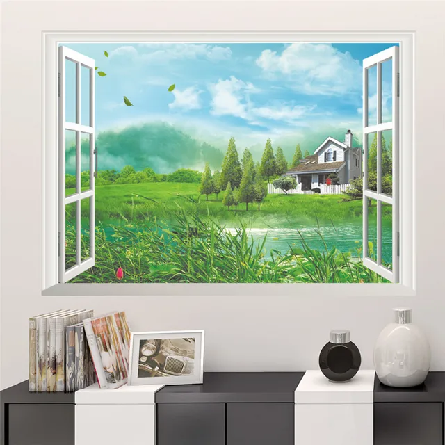 Green Mountain Forest Lake Window Wall Stickers Living Room Decoration
