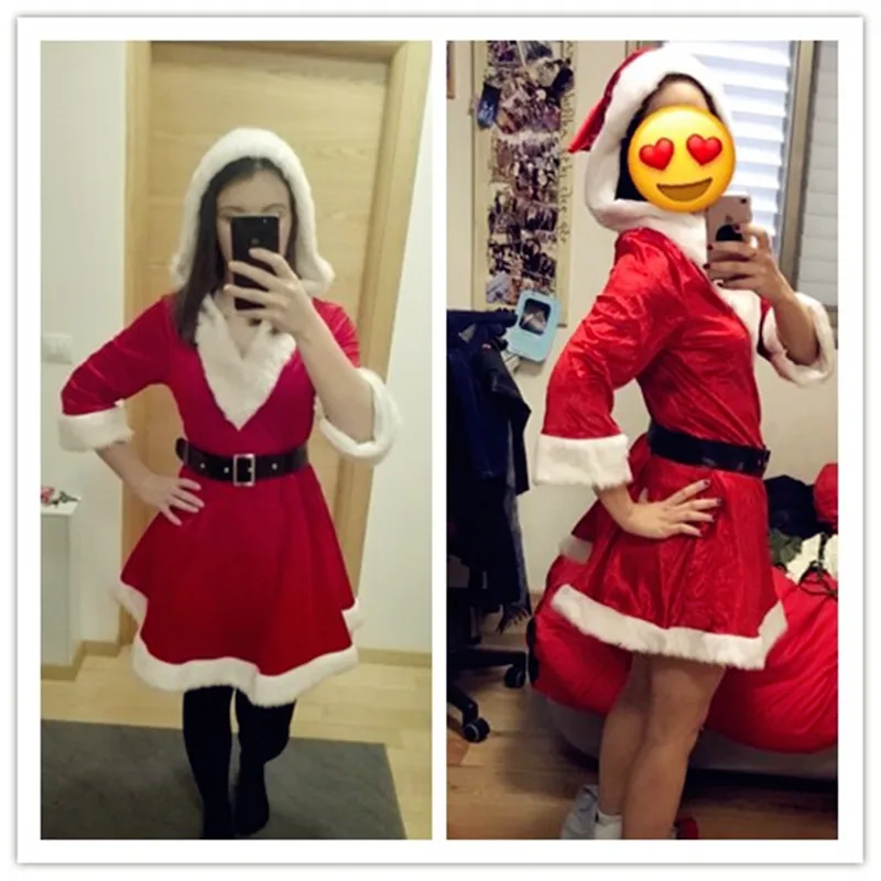 Cosplay&ware Christmas Dress Women Costume Adult Red Velvet Fur Dresses Hooded Sexy Female Santa Claus -Cosplayware Store