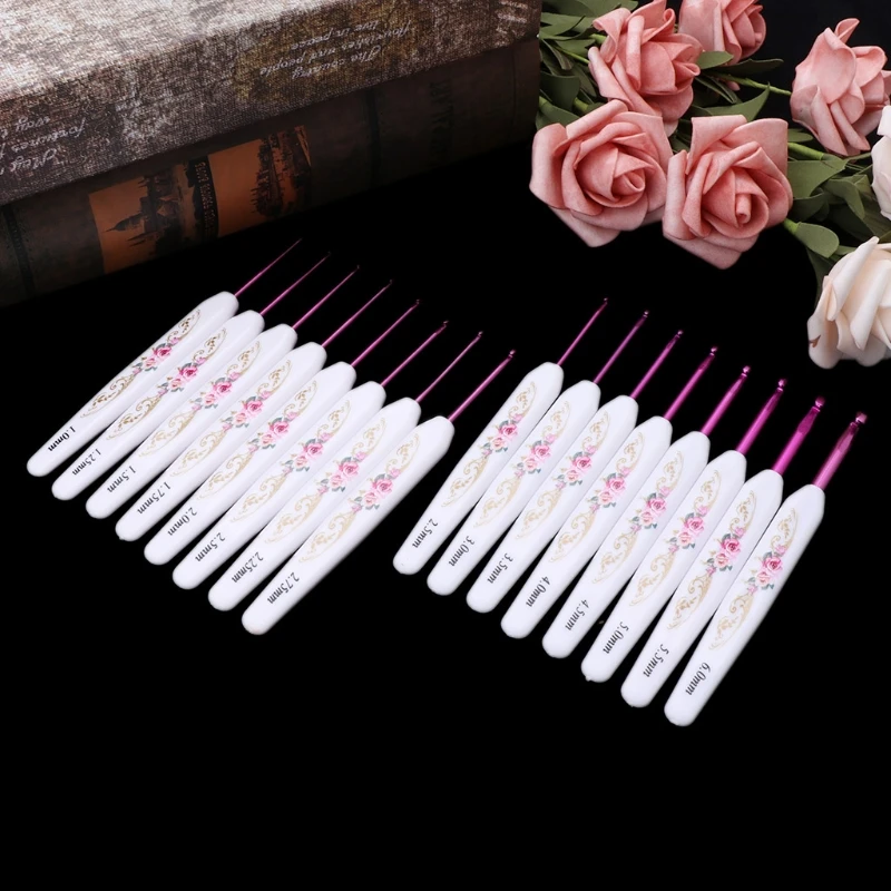 

8pcs Plastic Handle Floral Aluminium Crochet Hooks Knitting Needle Set Weaving