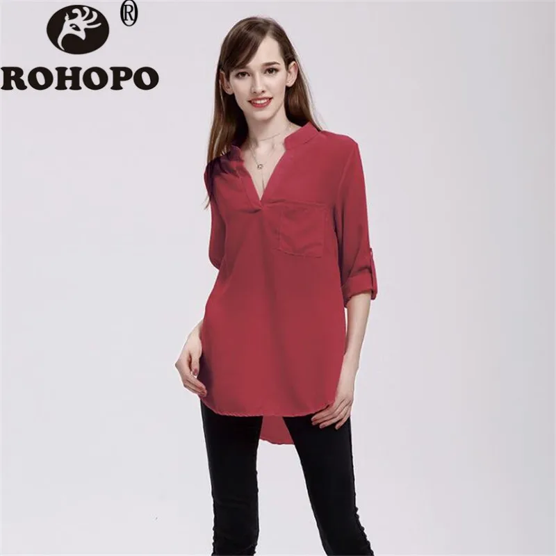 

Long Sleeve Women Chiffon Blouse Chest Pocket Cargo Casual Office Lady Irregular Length Pullover Shirt Comfort Soft Material