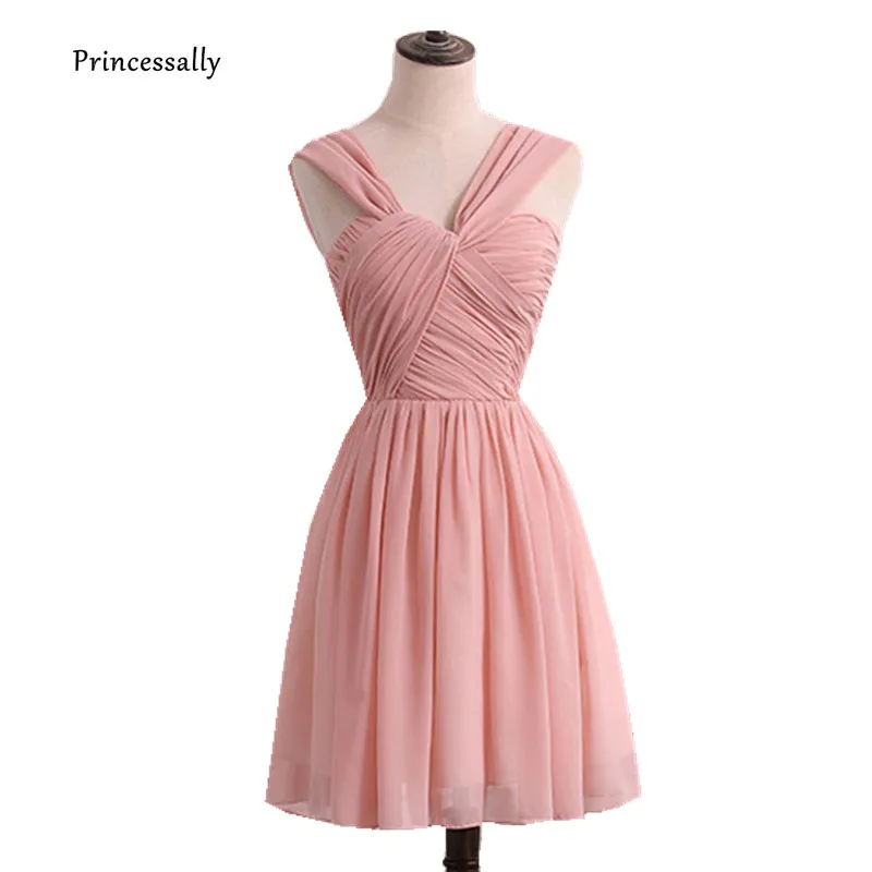 

New Pink Bridesmaid Dresses Short Chiffon Pleat Straps Simple Elegant Homecoming Graduation Prom Gown Custom Color Dama De Honor
