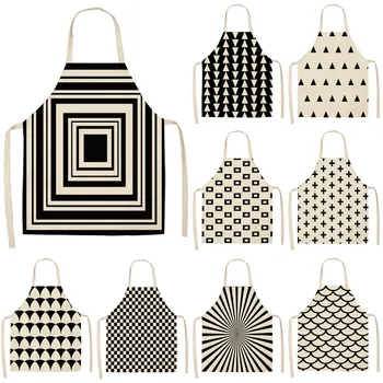 

1Pcs Black and White Geometric Kitchen Apron for Woman and Man Home Cooking Baking Shop Cleaning Cotton Linen Bibs 53*65cm G1006