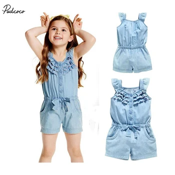 2018 Hot Solid Overalls Kids Baby  Girl Casual Clothing Denim Blue  Washed Jeans Sleeveless Bowknot jumpsuit  Clothing 1