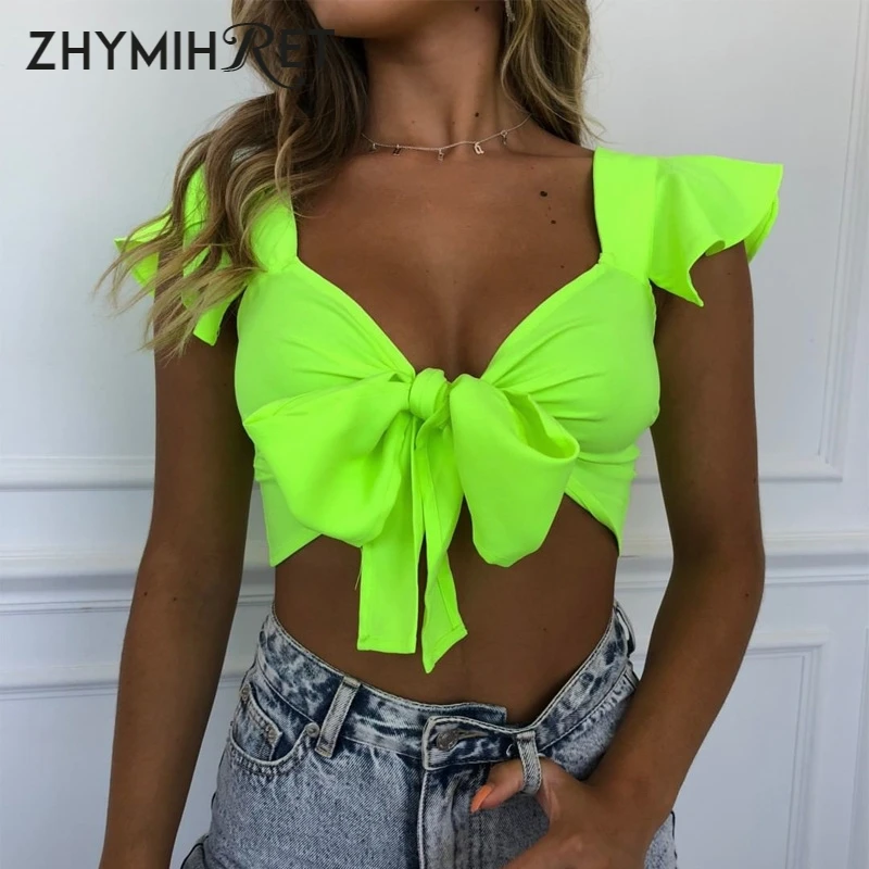 

ZHYMIHRET 2019 summer neon color ruffles crop tops women v neck tie front tank tops fashion streetwear festival top