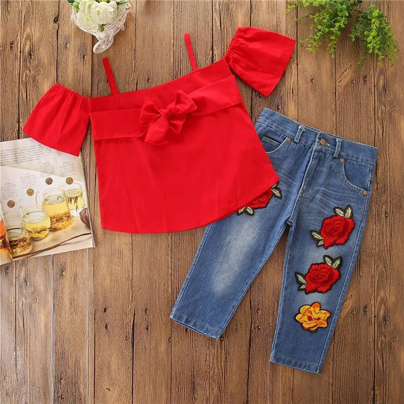 Girls suit summer 2019 new Toddle Kids Baby Girl Off-shoulder Tops+Flower Jeans Denim Pants Outfits Set (11)