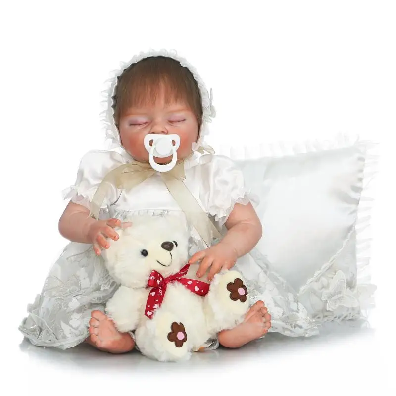 

NPKcollection 56cm hand painted full silicone lifelike newborn sleeping baby girl with White dress silicone reborn baby dolls