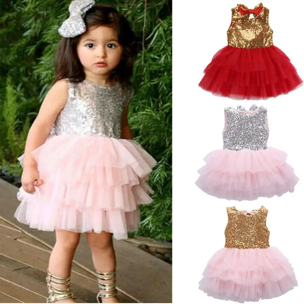 

Infant Toddler Baby Girl Sequins Flower Dress Bow Lace Tulle Party Gown Formal Dresses Backless Sundress