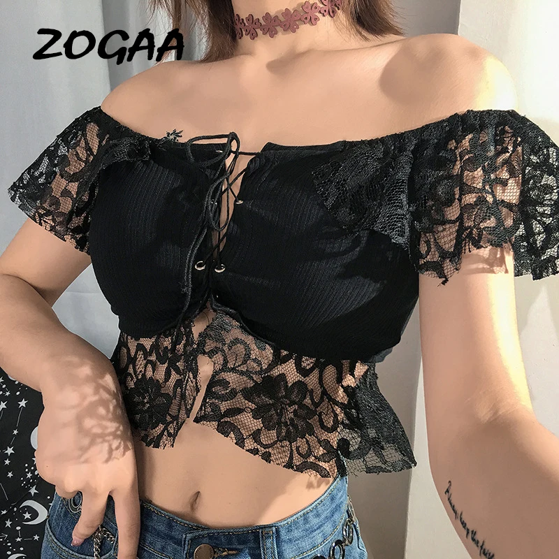 

Sexy Spaghetti Lace-up Puff Sleeve Women Lace Top Sexy Hollow Out Crop Top Strapless Shoulder Summer 2019 V-neck Blouse Shirt