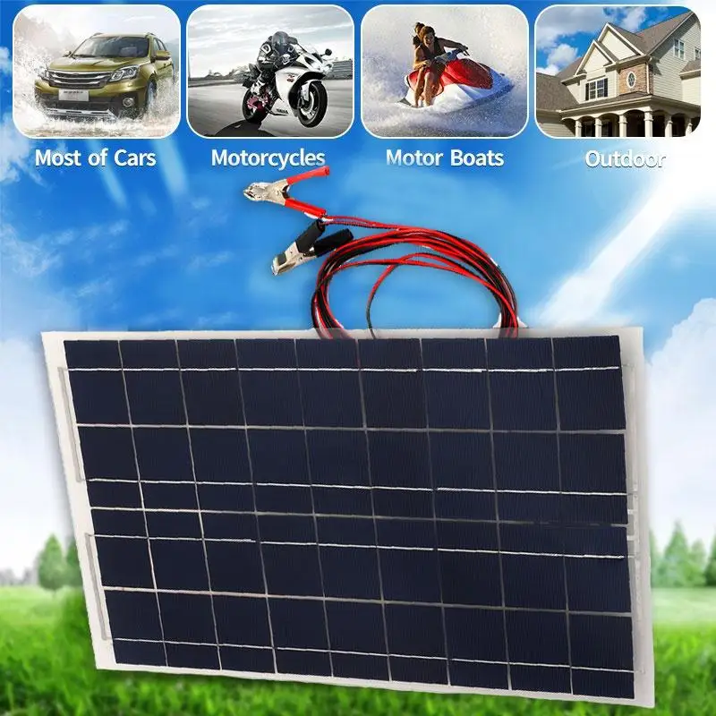 

amzdeal DIY 18V 30W Smart Solar Panel Car RV Boat Battery Charger Universal W/Alligator Clip Professional Home Travelling Gift