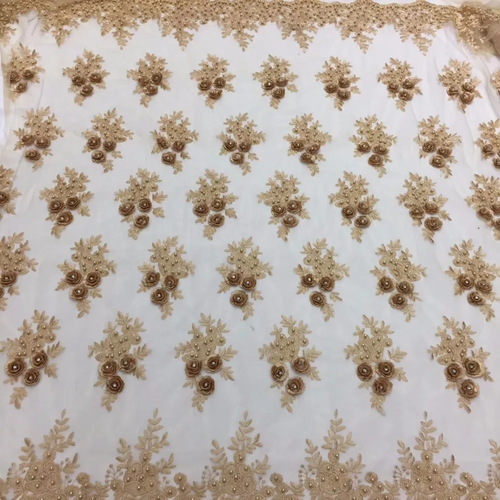 

Embroidered African 3D Flower Lace Fabric Hot Sale French Lace Fabric With Pearls African Tulle Lace Fabric