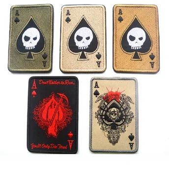 

10pcs/lot 3D high quality 100% embroidery patches Death Card Rectangular Poker patches loops and hook Spade A Poker patches