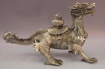 

Chinese White Copper Silver Feng shui Lucky Beast Treasure bowl Dragon Statue