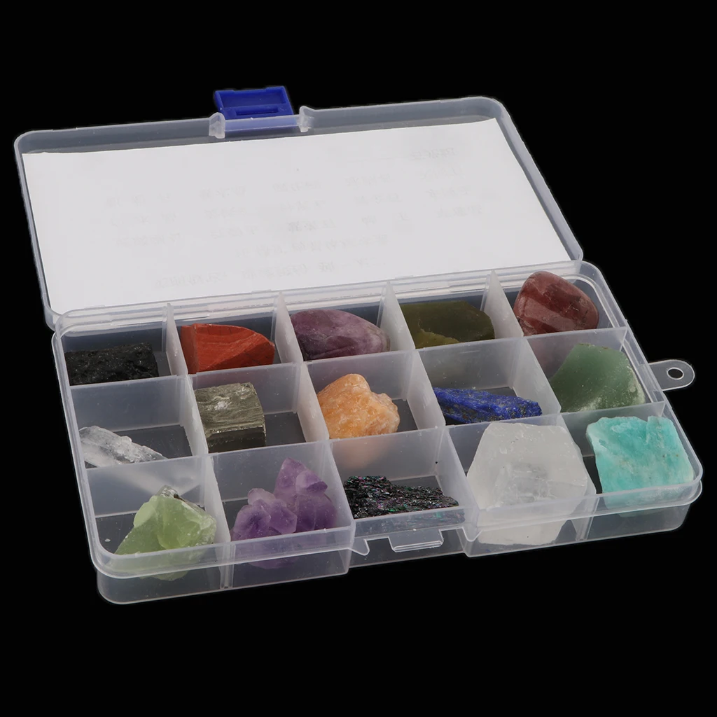 15pcs/ Box Educational Geology Science Kit Rock and Mineral Collection Gemstones Quartz / Jade Tektite Specimens in Display Case