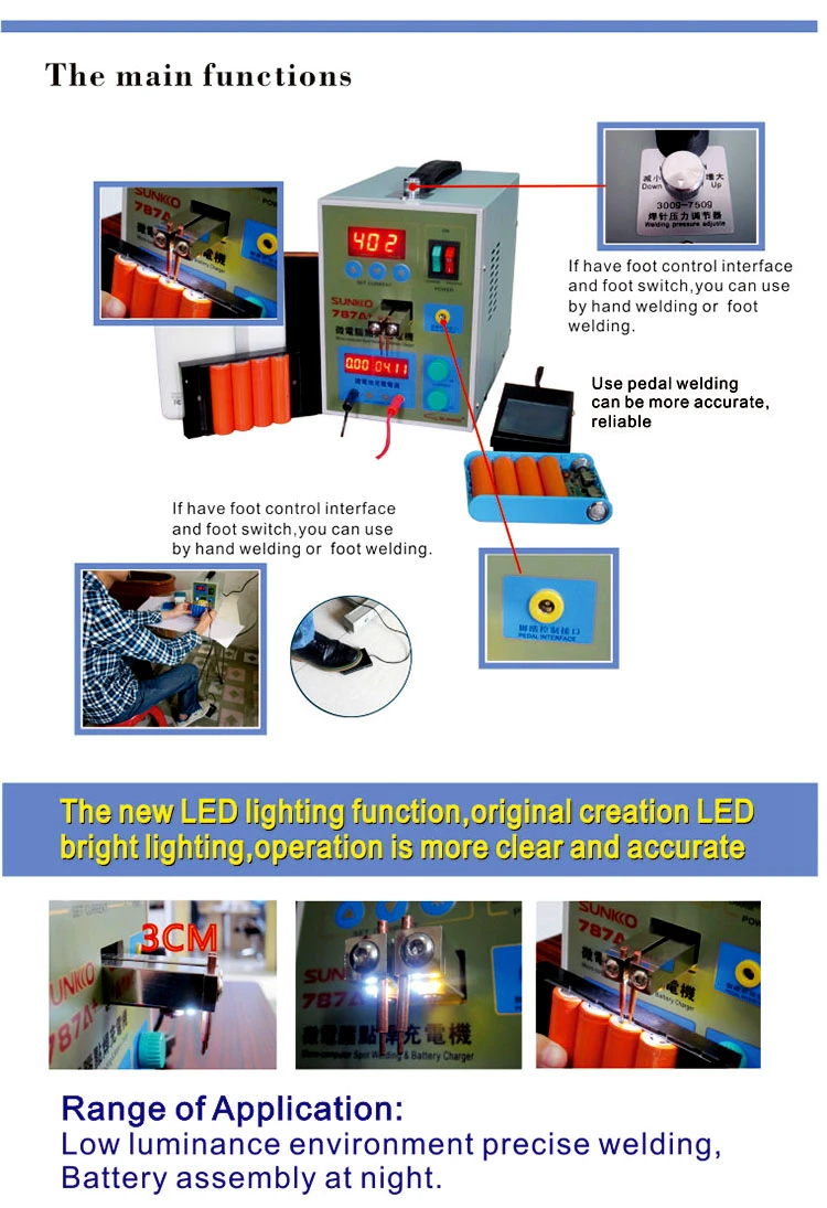 SUNKKO 787A точечная сварочная машина два в одном 1,5 кВт импульсная батарея точечная сварочная машина 18650 батарея с светодиодный фонарь