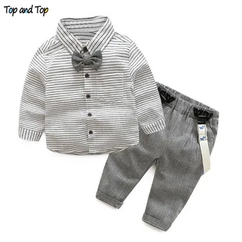

Top and Top Baby Boys Gentleman Clothes Suits Toddler Cotton Long Sleeve Bowtie Striped Shirt+Overalls Pants Infant Outfits