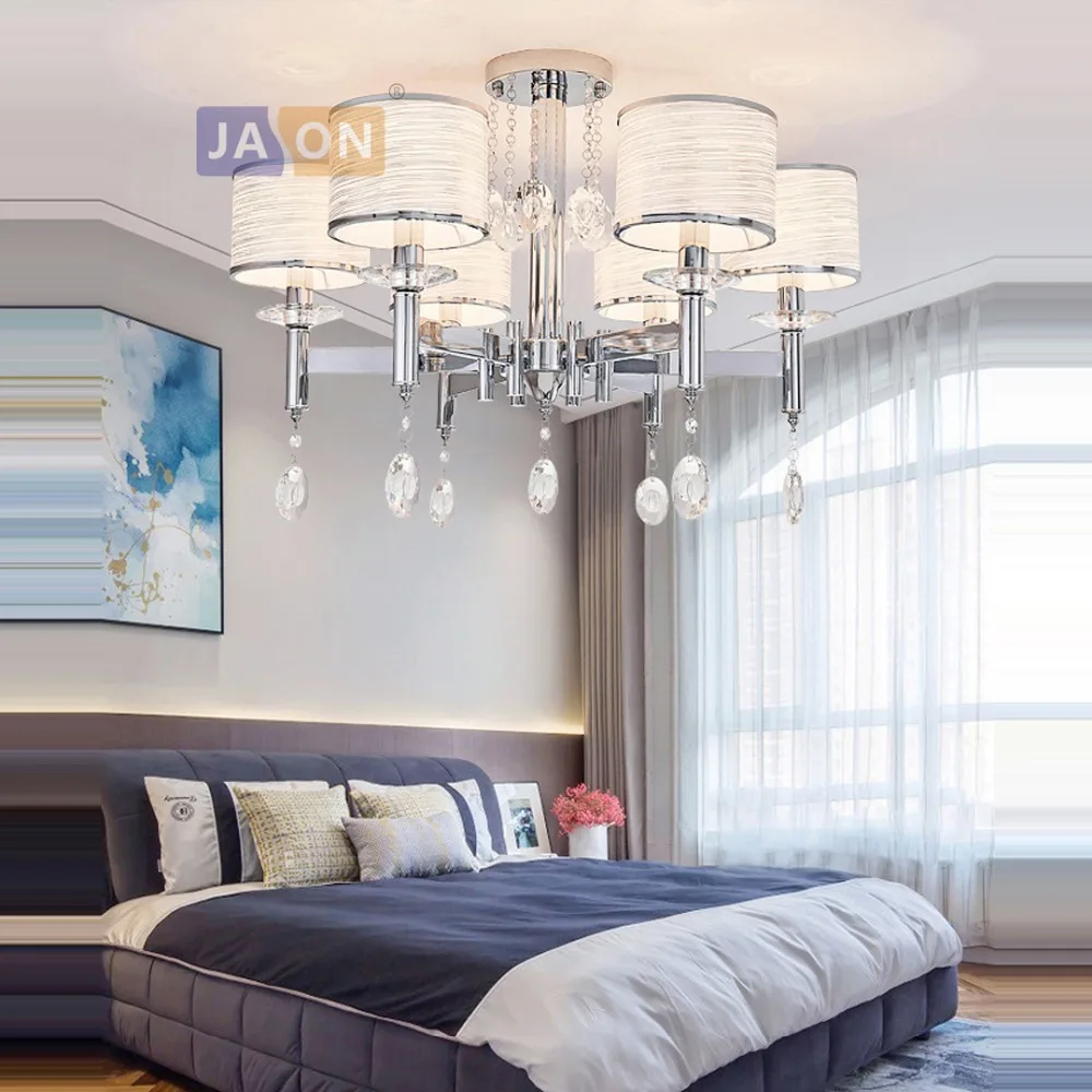 

led e14 Postmodern Iron Crystal Fabric Chrome Chandelier Lighting Lamparas De Techo Suspension Luminaire Lampen For Foyer