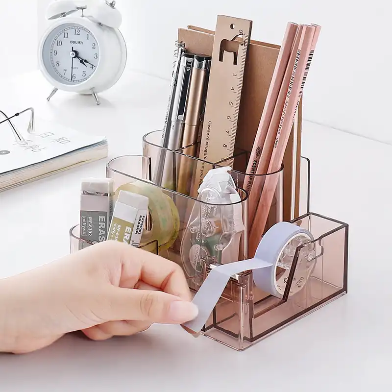 Multifunction Office Penholder Transparent Plastic Storage Desktop