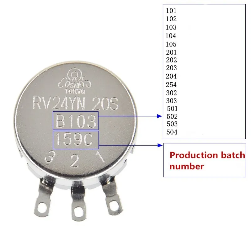 RV24YN20S B201 B501 B102 B202 B502 B103 B203 B503 B104 B204 B254 B504 B105 500 Ом 10K 20K 50K 100K 200K Ом Потенциометр