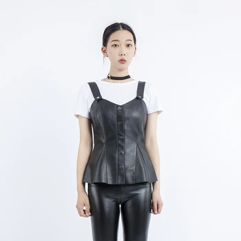

2019 new fashion genuine leather sleeveless black crop top sexy women real sheepskin tank tops femal vest