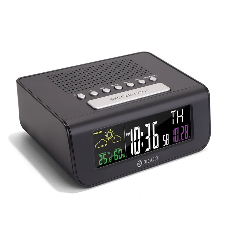 Digoo DG-FR100 FR100 Smart Декодер каналов кабельного телевидения дома Беспроводной цифровые часы-будильник прогноз погоды сенсорные часы с fm-радио, часы