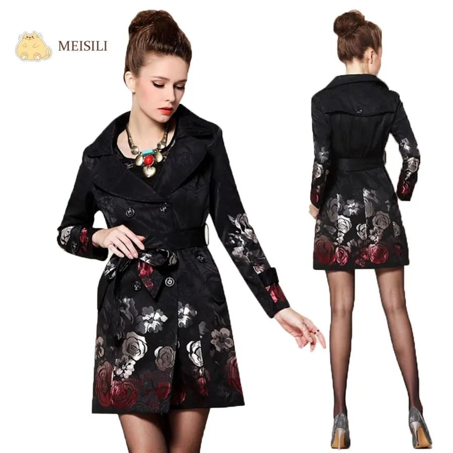Trench Coat For Women Autumn Long Floral Print Black Jacquard Coat with