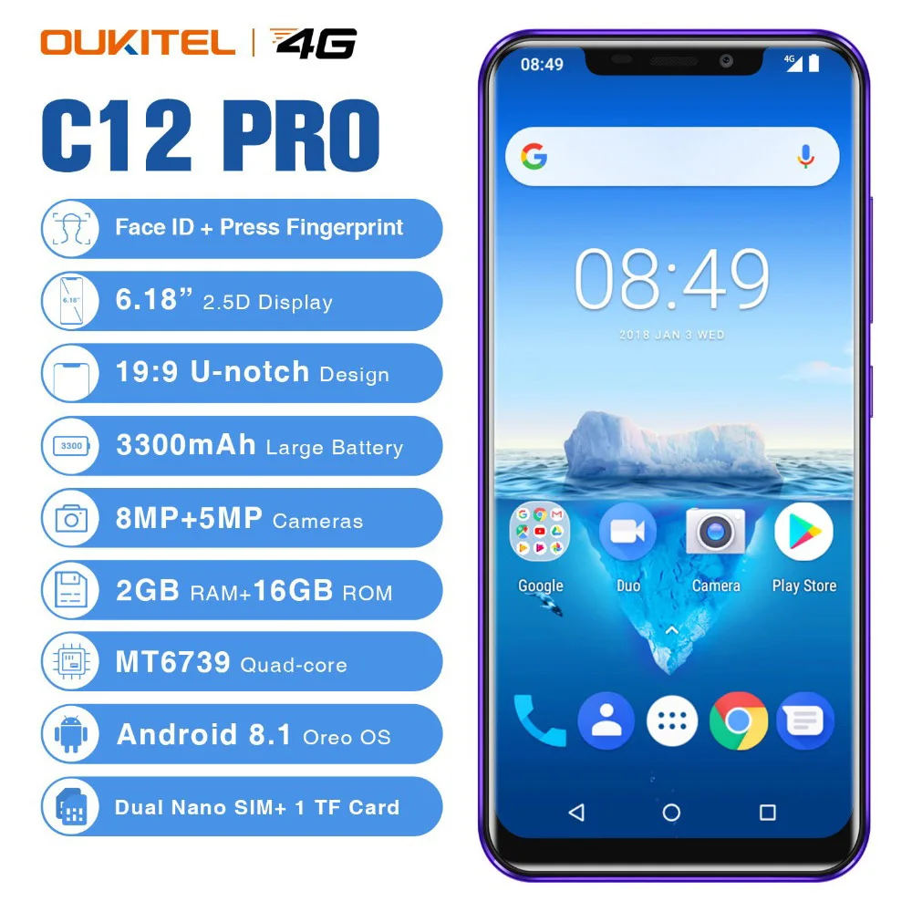 OUKITEL C12 Face ID 6,18 "19:9 смартфон 8MP + 2.0MP MTK6580 4 ядра 2 Гб Оперативная память 16 ГБ Android 8,1 3300 mAh мобильный телефон