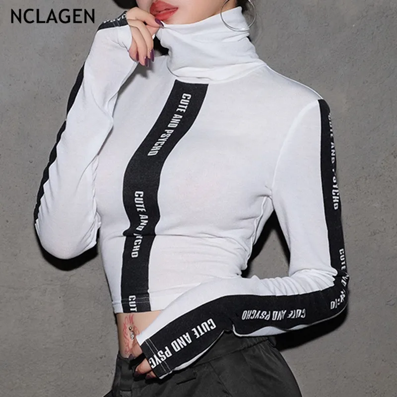 

NCLAGEN 2018 Sexy Women Letter Print Sweatshirt Black White Patchwork Navel Bare Cropped Tops Turtleneck Pullovers Slim Hoodies