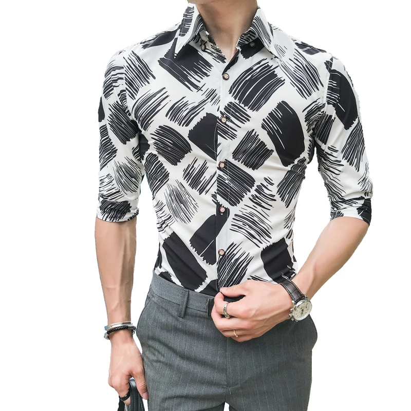 Fashion 2019 Print Men Shirt Brand New Slim Fit Half Sleeve Social