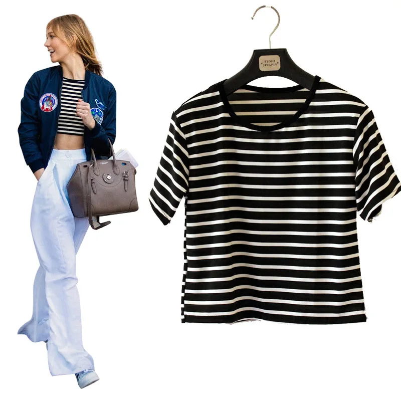 

2016 Summer Women Striped Short Slim T Shirts Fashion Punk Style Womens Casual Black White Cotton Tees Girls Tops Size Free