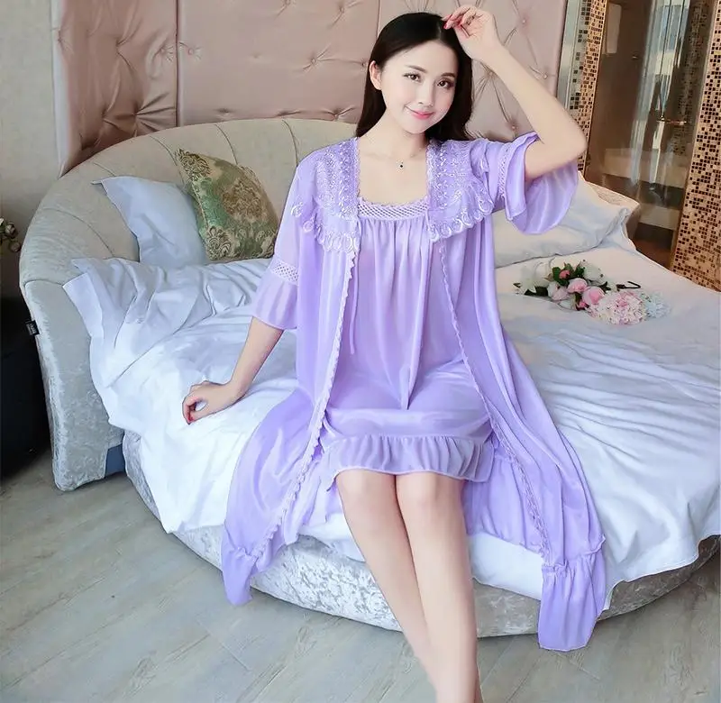 Set = Nightdress + Outwear Vintage Sleep Lounge Laced Ruffle Night Dress Summer Autumn Sleepwear Cool Silk Loose Long Nightdress