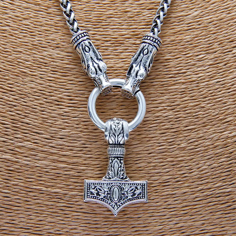 Men Double Wolf Head Viking Necklace Pendant Antique Silver Plated High Quality Chain Necklace Hammer Talisman Ethnic Jewelry Men Double Wolf Head Viking Necklace Pendant Antique Silver Plated High Quality Chain Necklace Hammer Talisman Ethnic Jewelry