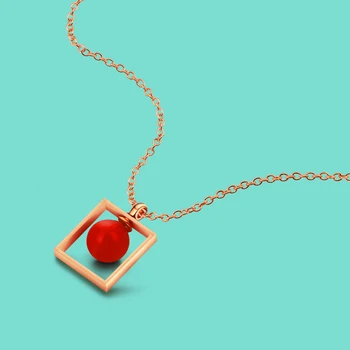 

New 925 Sterling Silver Necklace Girl Geometry Element Square Pendant Red Bead Design Solid Silver Necklace free shipping bijoux